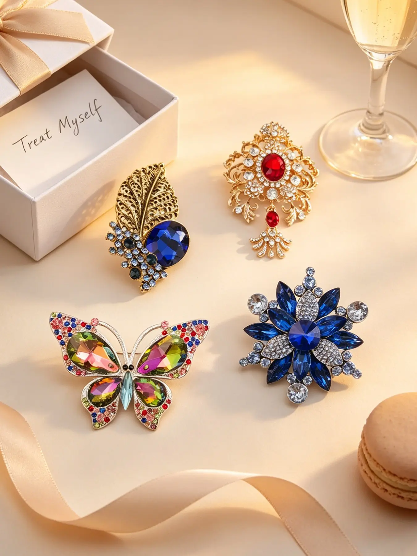 4pcs Multicolor Crystal Rhinestone Brooch Set, Antique Gold Silver Filigree Butterfly Leaf Floral Lapel Pins, Exquisite Brooch, Sparkly Large Gemstone Brooch Accessories for Formal Gown Shawl Suit, Birthday Anniversary Jewelry Gift for Women