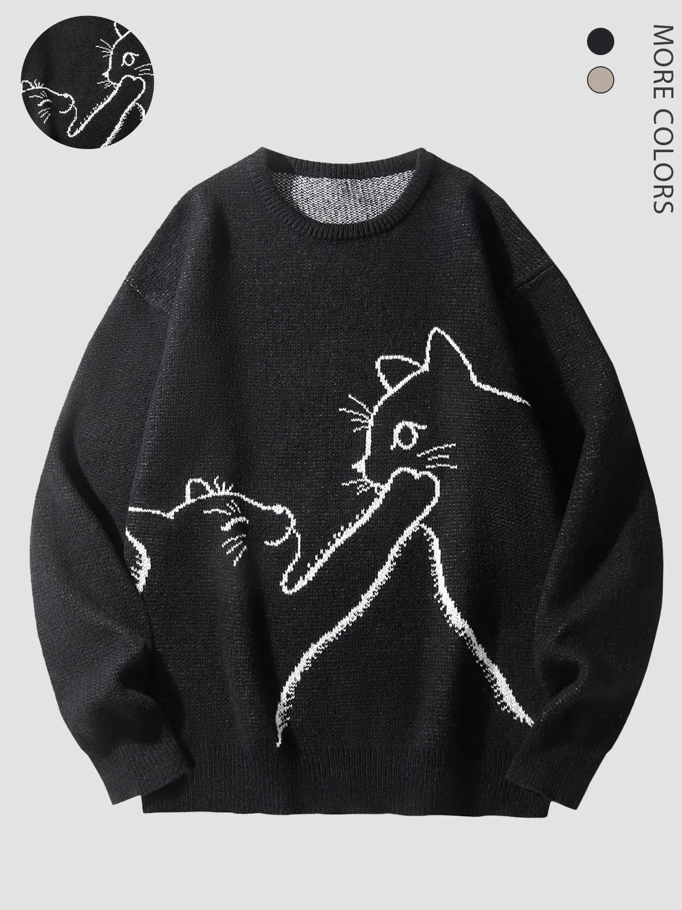 Autumn Winter Unisex Sweater, Cute Cat Print Round Neck Knit Pullover, Soft Neutral Color Casual Streetwear, Long Sleeve, 2 Colors Available