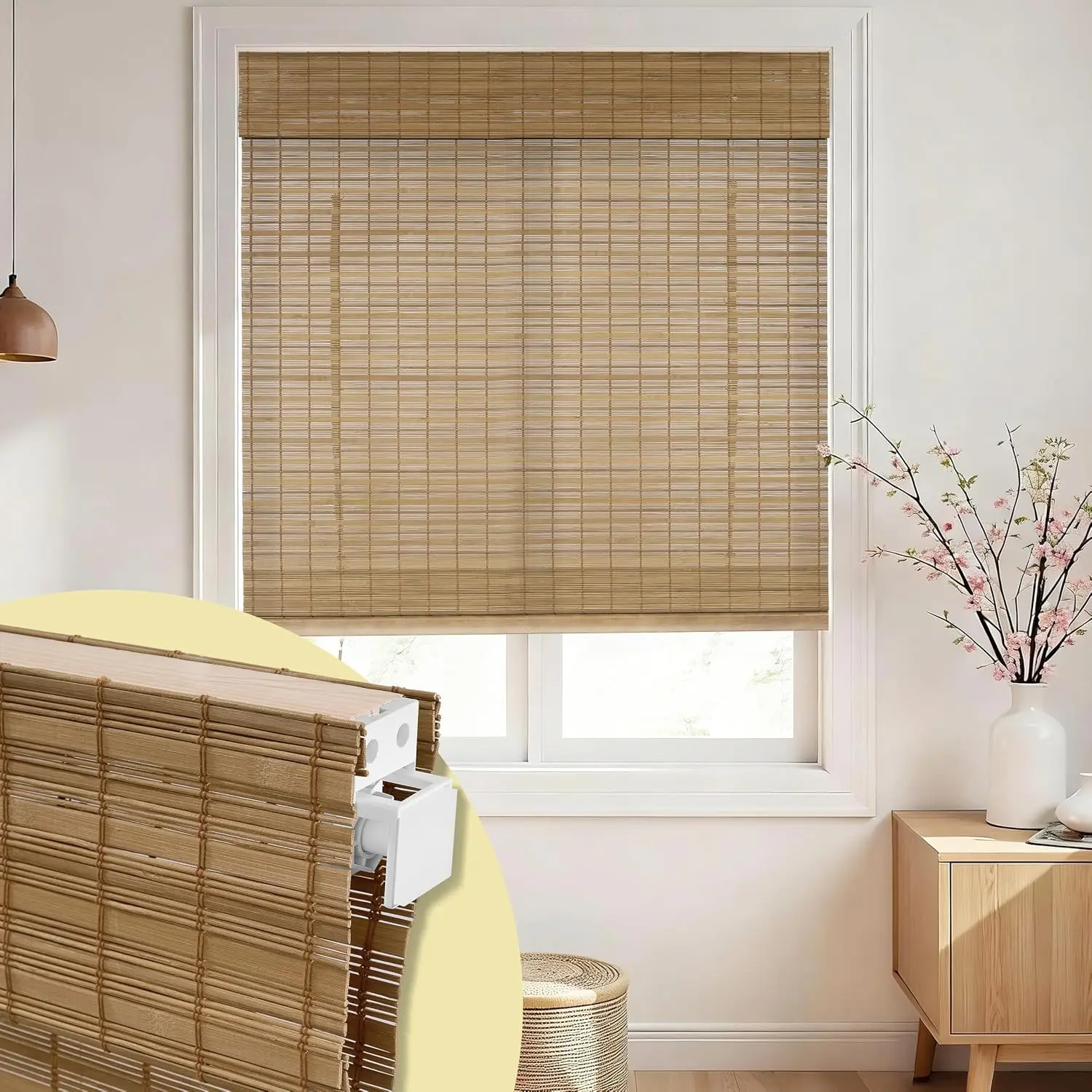No Drill Bamboo Roman Shades Cordless, Brown, 22" W x 48" H | Light Filtering Window Blinds with Valance, Sheer-View, Natural Woven Wood Shades for Living Room Dining Room
