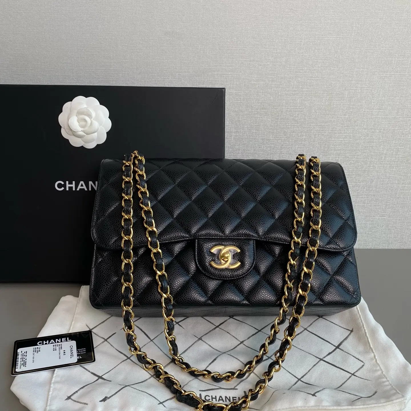 Pre-owned Chanel 2021 Black Caviar Jumbo Classic Double Flap with Gold Hardware SC053