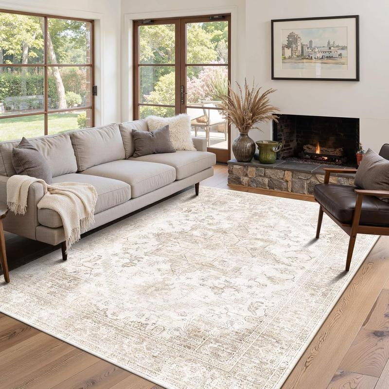 Area Faux Cashmere Rug 5x7, Washable Rugs for Living Room, Vintage Boho Beige Rug for Office, Dining Room, Kids Room and Farmhouse, Durable Low Pile Non-Slip Area Rug for High Traffic Areas