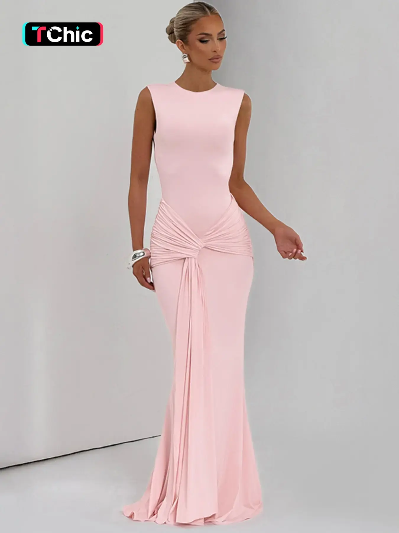 Women Summer Elegant Sleeveless Backless Party Club Evening Formal Wear Bodycon Pink Long Dress Women Summer Elegant Sleeveless Backless Party Club Evening Formal Wear Bodycon Pink Long Dress