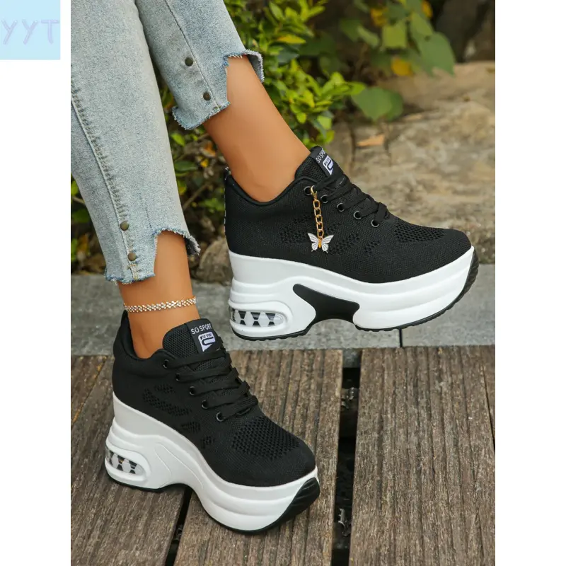 YYT1 Women's Wedge Platform Hidden Heel Sneakers, Lace Up Sneakers, Walking Shoes, Casual Trainer Flyknit Hollow Mesh Breathable Lightweight Non--On