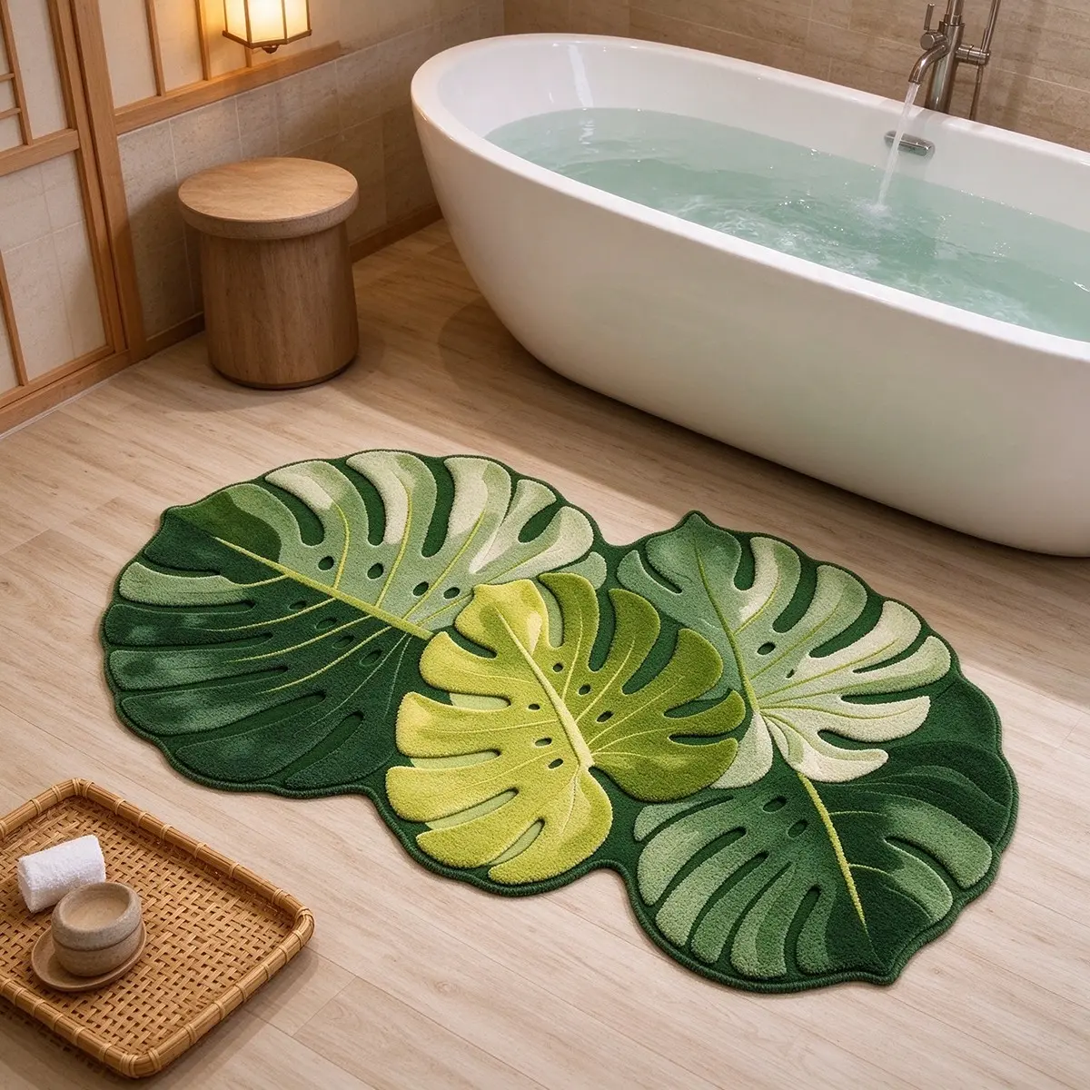1Pc Leaf Shaped Flat Irregular Print Rug Forest Tropical Plant Creative Carpet Thin Plush Soft Comfortable Washable Non Slip Fresh Decor Mat For Bathroom Entryway Bedroom Living Room Great Birthday Gift For Friends