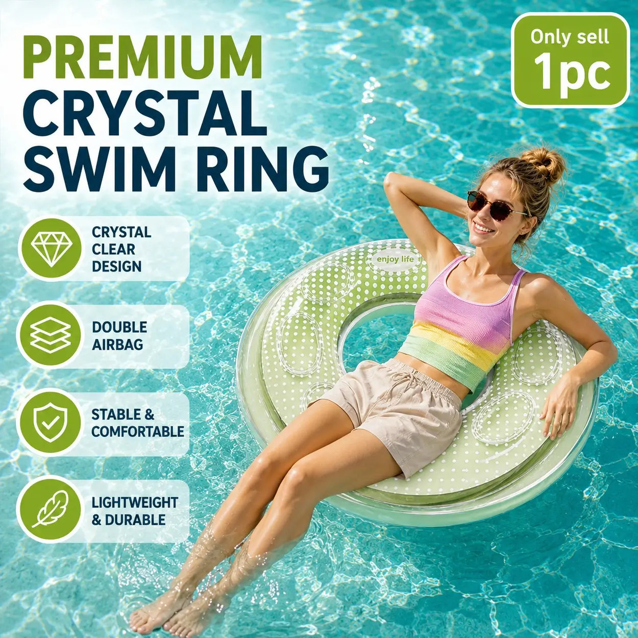 Dual-Air Chamber Inflatable Swim Ring for Adults, Thickened Anti-Tip Pool Float, Independent Double Bladders, High Buoyancy Transparent Floating Hammock, Portable Summer Lounger,Safe and Comfortable Water Relaxation, for Swimming Pool, Beach and Lake