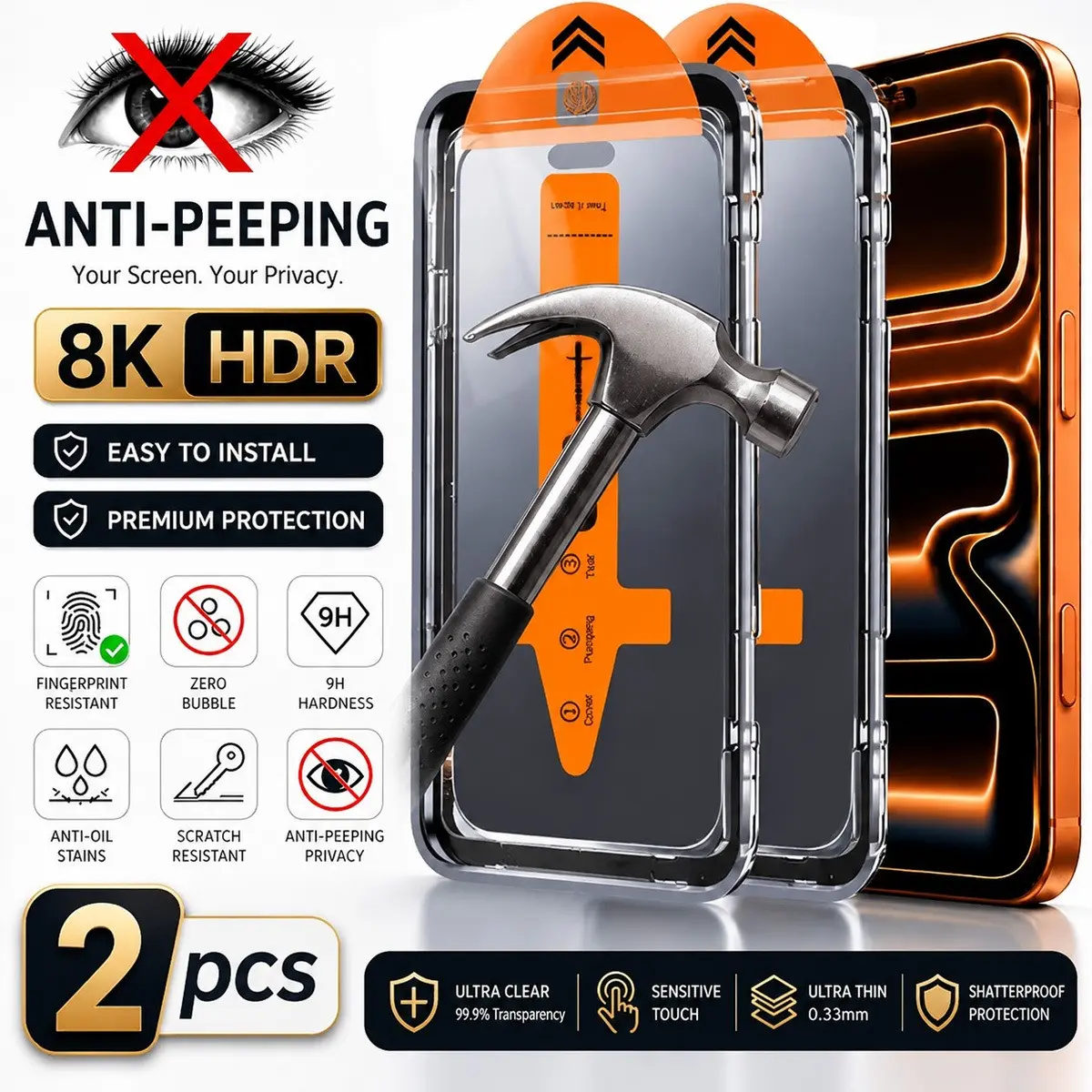 2pcs Privacy Tempered Glass Screen Protectors for Iphone 11/12/13/14/15/16/17/17 Pro/17 Pro Max/Plus/Mini/X/Xr/Xs Max/7/8/Se2/Se3, 9H+ Hardness, Full Coverage, Anti-Scratch, Anti-Fingerprint, Anti-Peeping, Case Friendly, Cellphone Accessory
