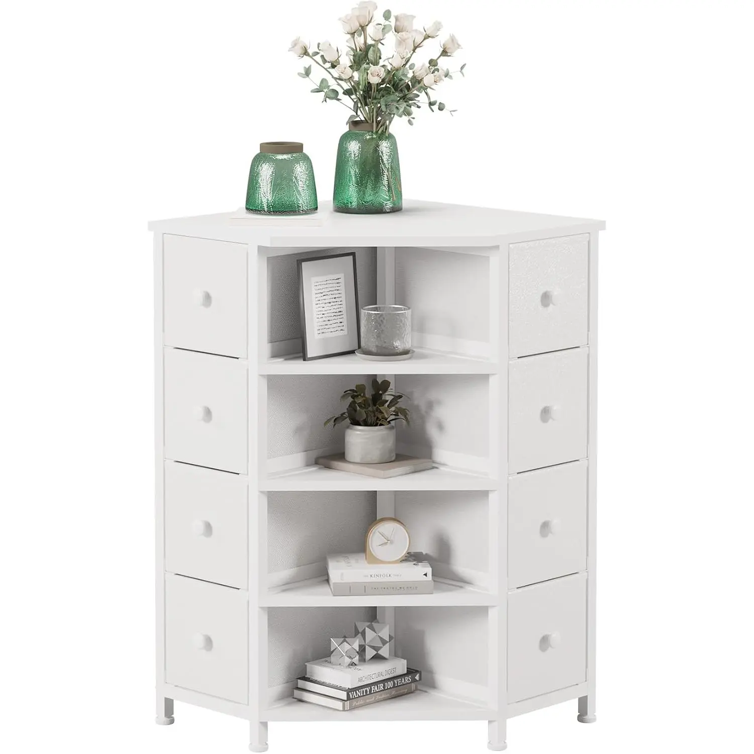 8 Drawers Corner Dresser with Fabric Drawers and Shelf for Bedroom | White Corner dresser with wooden top&4 open shelves,Corner shelf with fabric drawers&Steel Frame for Living Room,Closet