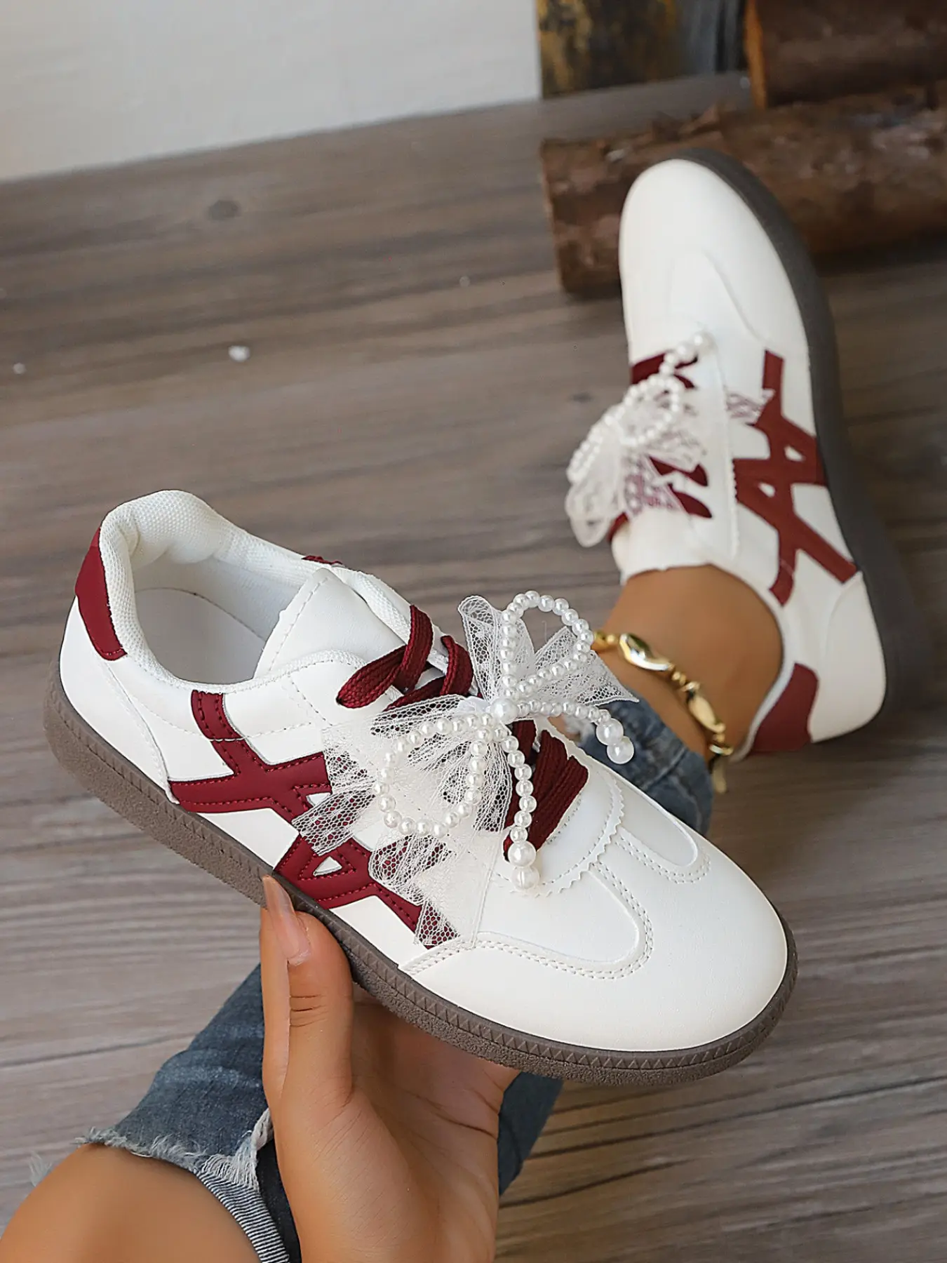 Women's Pearl Lace Butterfly Knot Sneakers, Colorblock Retro Flat Casual Shoes, Student Versatile Board Shoes, All Seasons