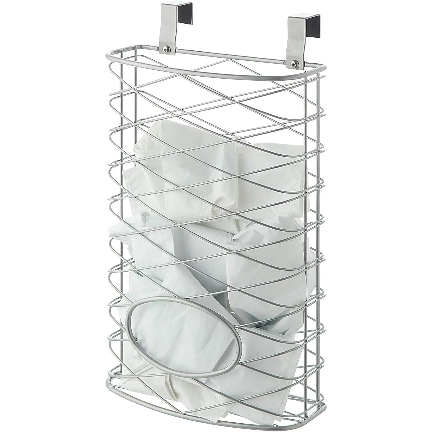 Over Cabinet Kitchen Storage Organizer Basket Holder, Silver, Holds Up to 50 Plastic Shopping Bags, Hang Over Cabinet Doors for Kitchen and Pantry Storage Organization