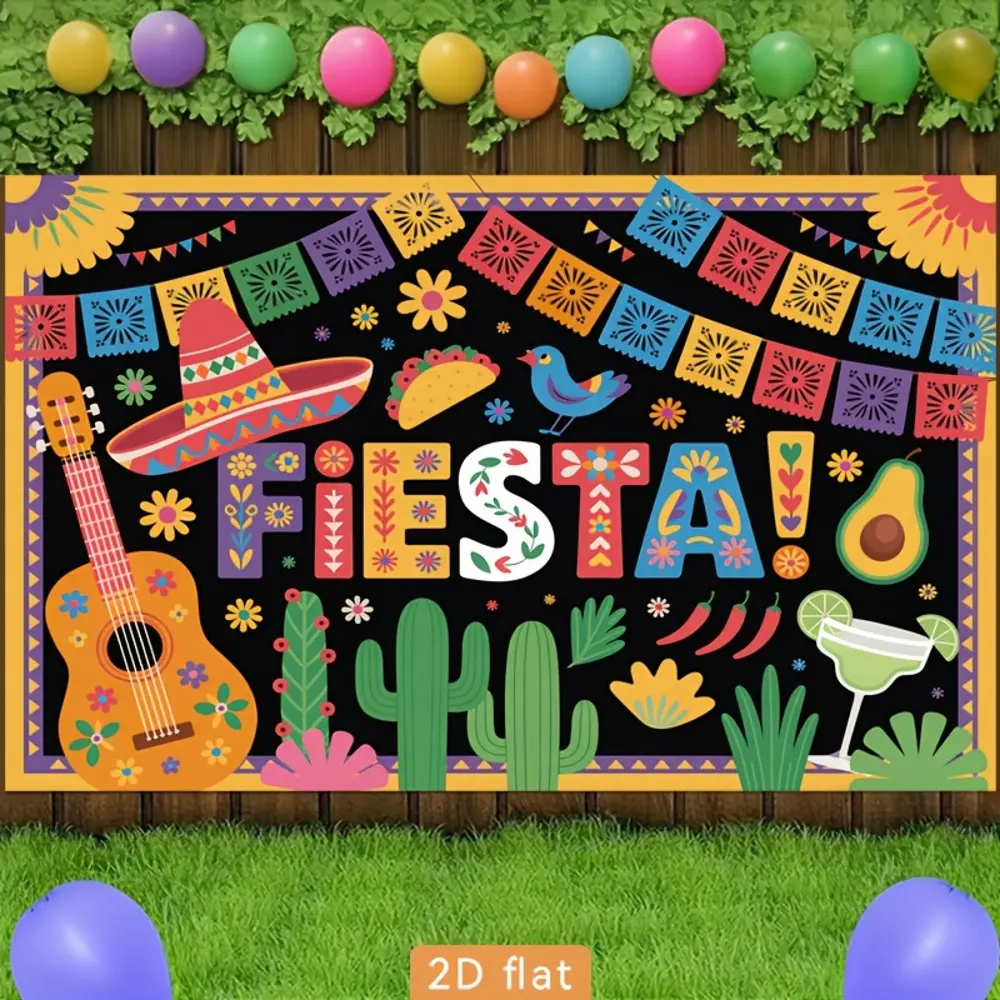 2D Flat Polyester HD Digitally Printing Backdrop - Colorful Mexican Fiesta Themed Flat Banner, Soft Lightweight Foldable Cloth for Party Events, Photo/Video Studio Portrait Shooting