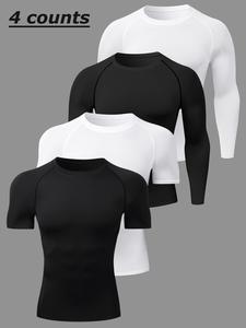 men's plain round neck sports tee, 2 counts short sleeve top & 2 counts long sleeve top, quick drying breathable athletic t-shirt for workout fitness, compression shirts, gym clothing, t shirts for men, workout tops