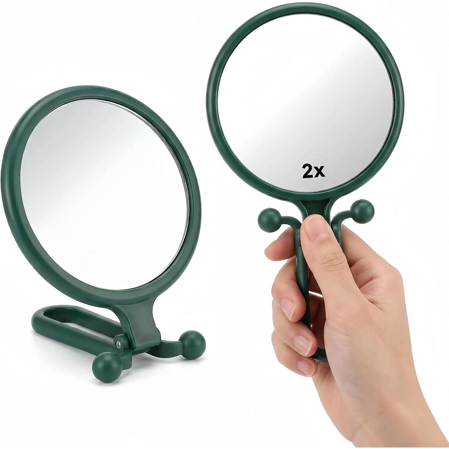 Handheld Mirror Double Sided, Travel Makeup Hand Mirrors with 1X 2X Magnification, Small Hand/Desk Vanity Mirror (1Pc Dark Green)