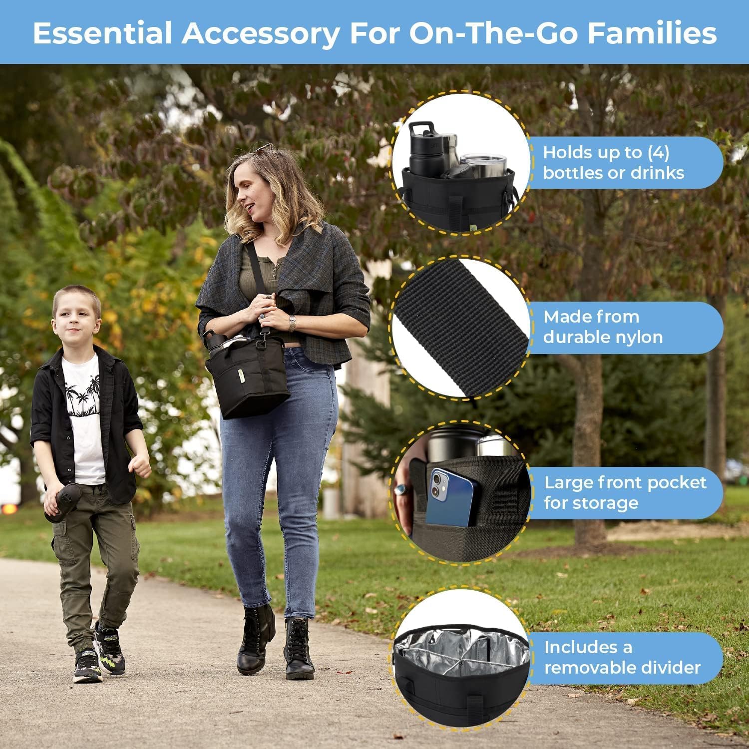 4 Water Bottle Holder with Strap| Family Size 4 Compartment Drink Bag, Multiple Tumbler Carrier| Adjustable Fits Large  Small Drinks| Hands Free, Won't Tip Over in