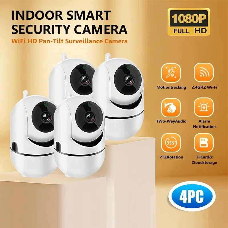 Full Home Security Camera Set, 4 Units, 1080P HD Indoor Ptz Camera, Infrared Night Vision, Motion Detection Alarm, Two-Way Audio, Supports 128GB SD Card