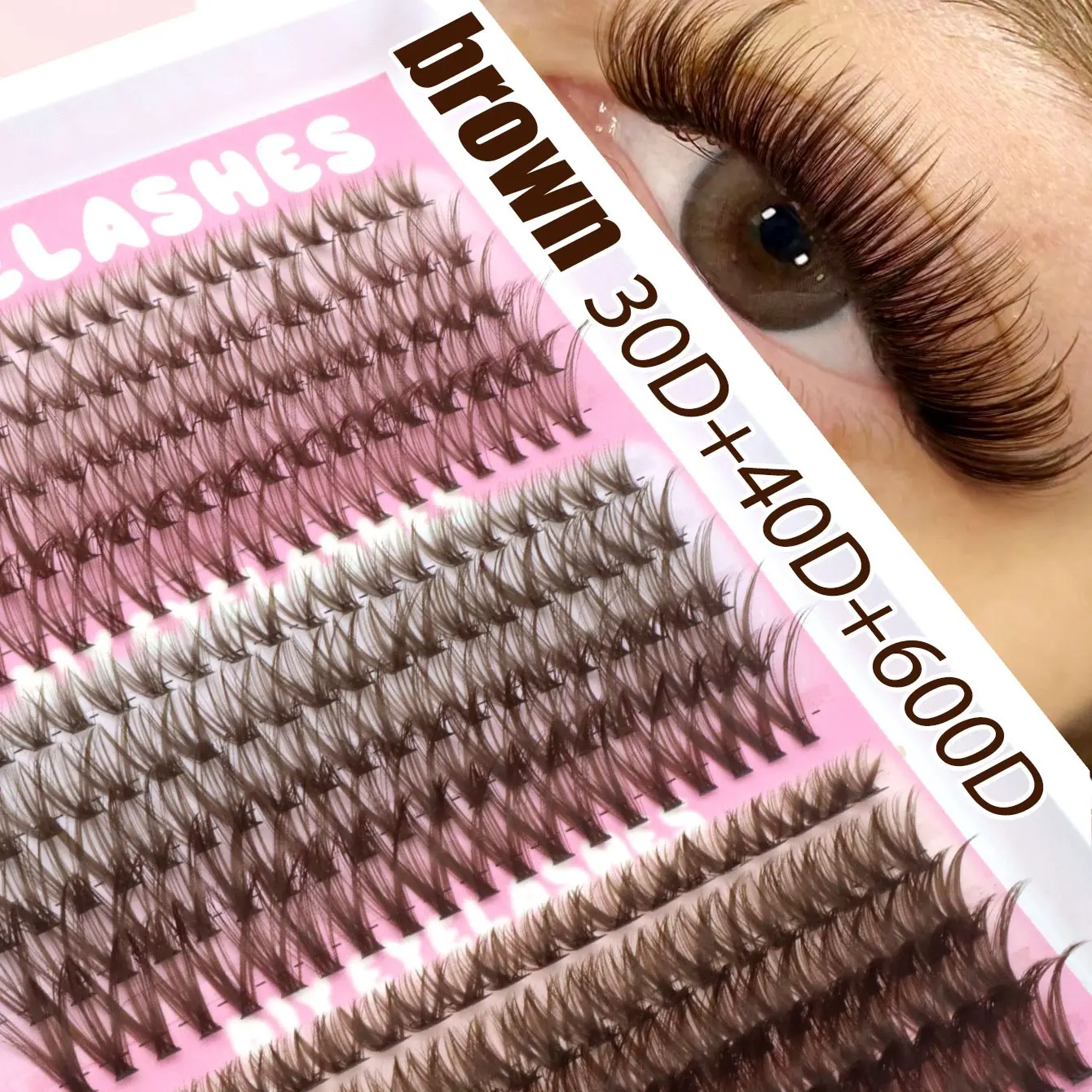 300 Pcs D Curl False Eyelashes, 30D+40D+60D Mixed Sizes, Soft Lightweight Mink Fiber, DIY Caramel Color Dense Colored Lashes