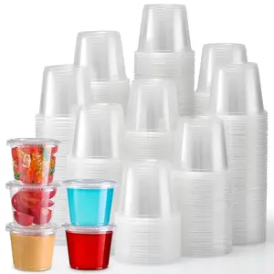 [120 Sets - 5.5 oz] Portion Cups With , Small Plastic Containers, Airtight and Stackable Souffle Cups for Jello Shots, Sauce, Condiments, Lunch, Party, Trips