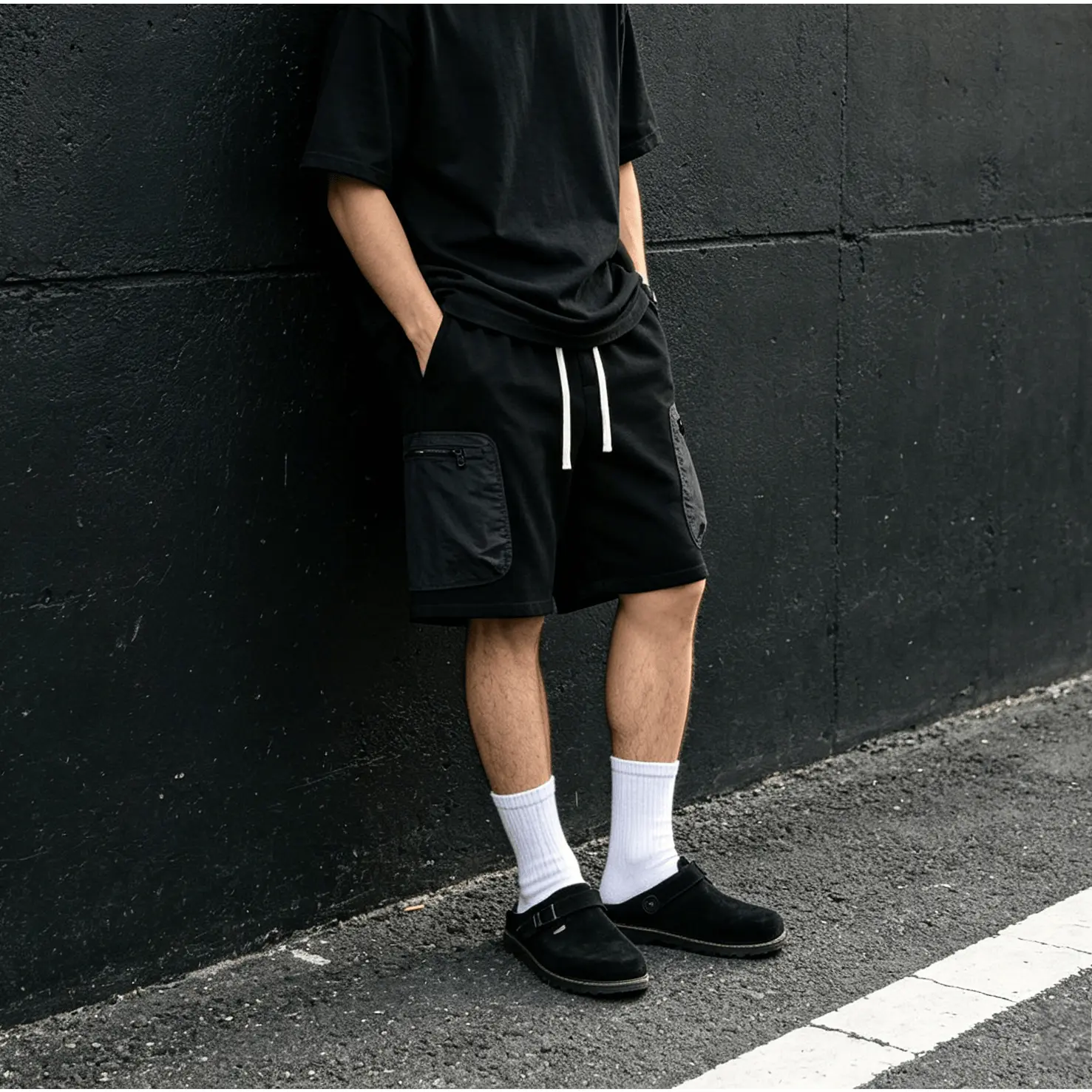 Men Black Cargo Sweat Shorts, Elastic Waist With White Drawstring, Zipper Nylon Patch Pockets Loose Knee Length Workout Shorts,men cargo sweat shorts