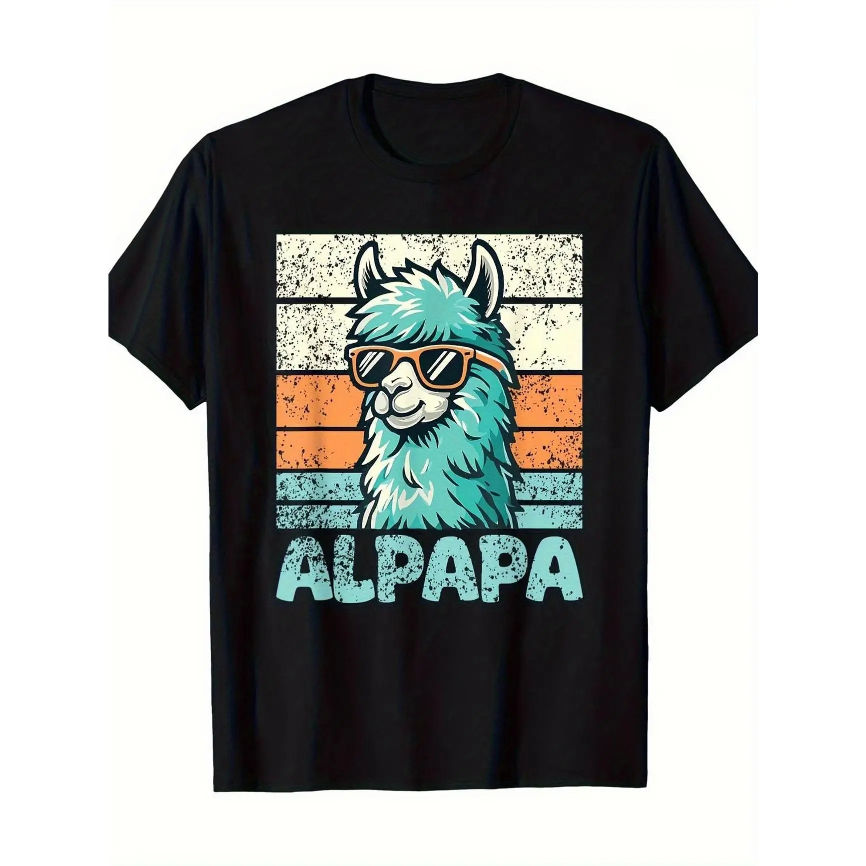 Retro Sunglasses Cool Alpaca ALPAPA Distressed Striped Graphic Oversized Cotton Outfit T-Shirt, Vintage Funny Animal Casual Print Comfort Fashion Tee, Perfect Valentine's Day Gift For Him Dad Husband, Ideal Holiday Present For Alpaca Lovers Friends Family