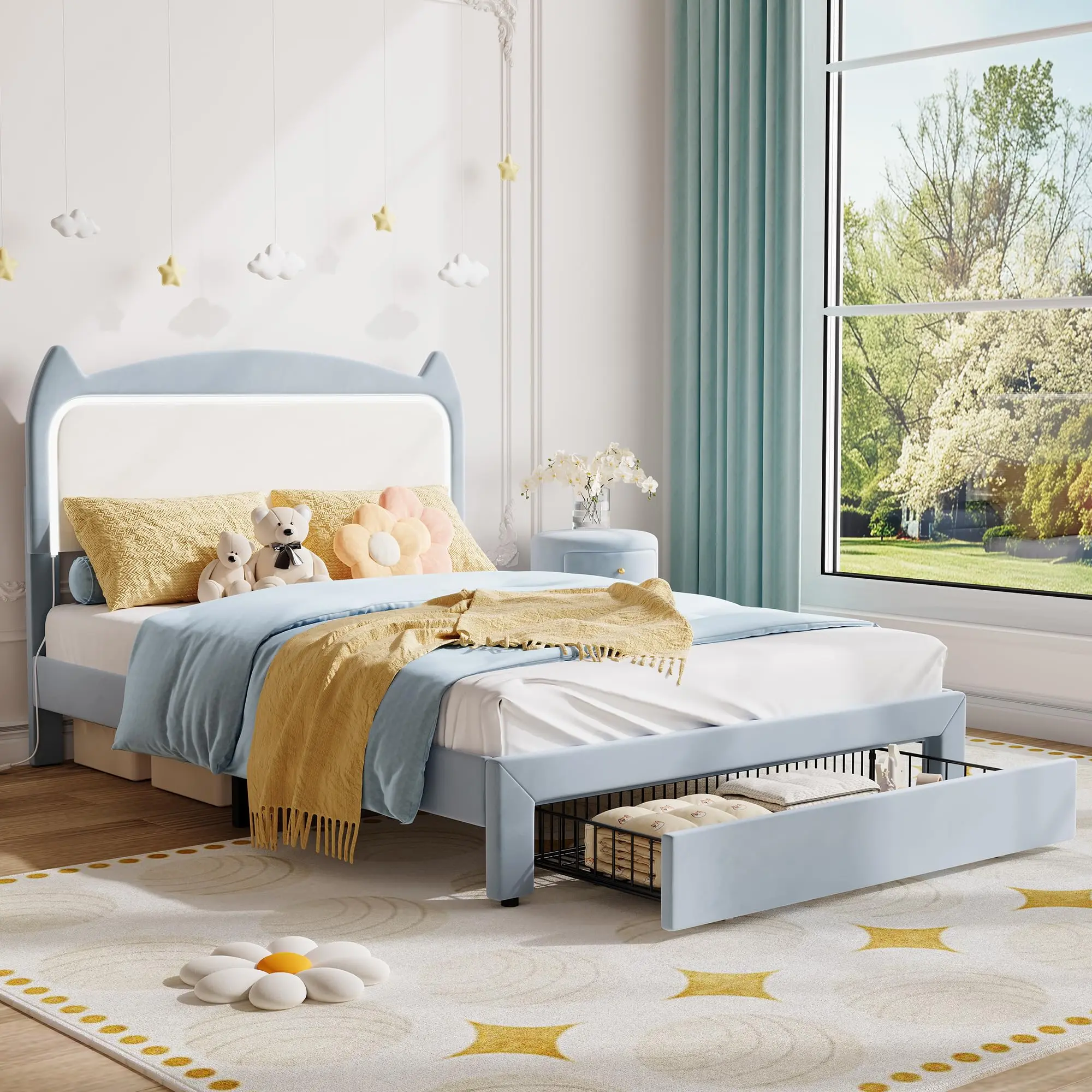 Cat Headboard Kids  Bed Frame – Upholstered Princess Platform, Sturdy Wood Slats, No Box Spring Needed, Easy Assembly – Pink & blue,TWIN/FULL