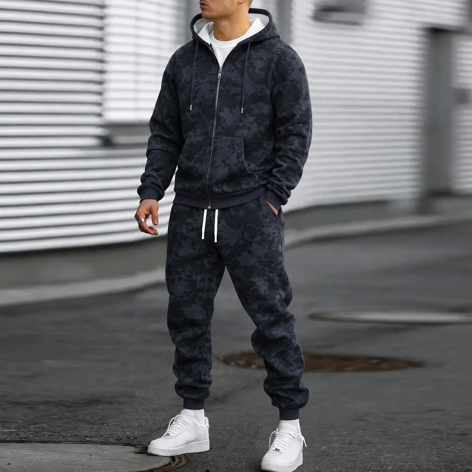 Men's Spring Autumn Lightweight Full Zip Hoodie and Jogger Pants Set Textured Camouflage Hooded Sweatshirt with Drawstring Long Sleeves Kangaroo Pockets Elastic Waist Casual Tracksuit for Streetwear Travel Outdoor Sports Daily Wear Activewear Outfit