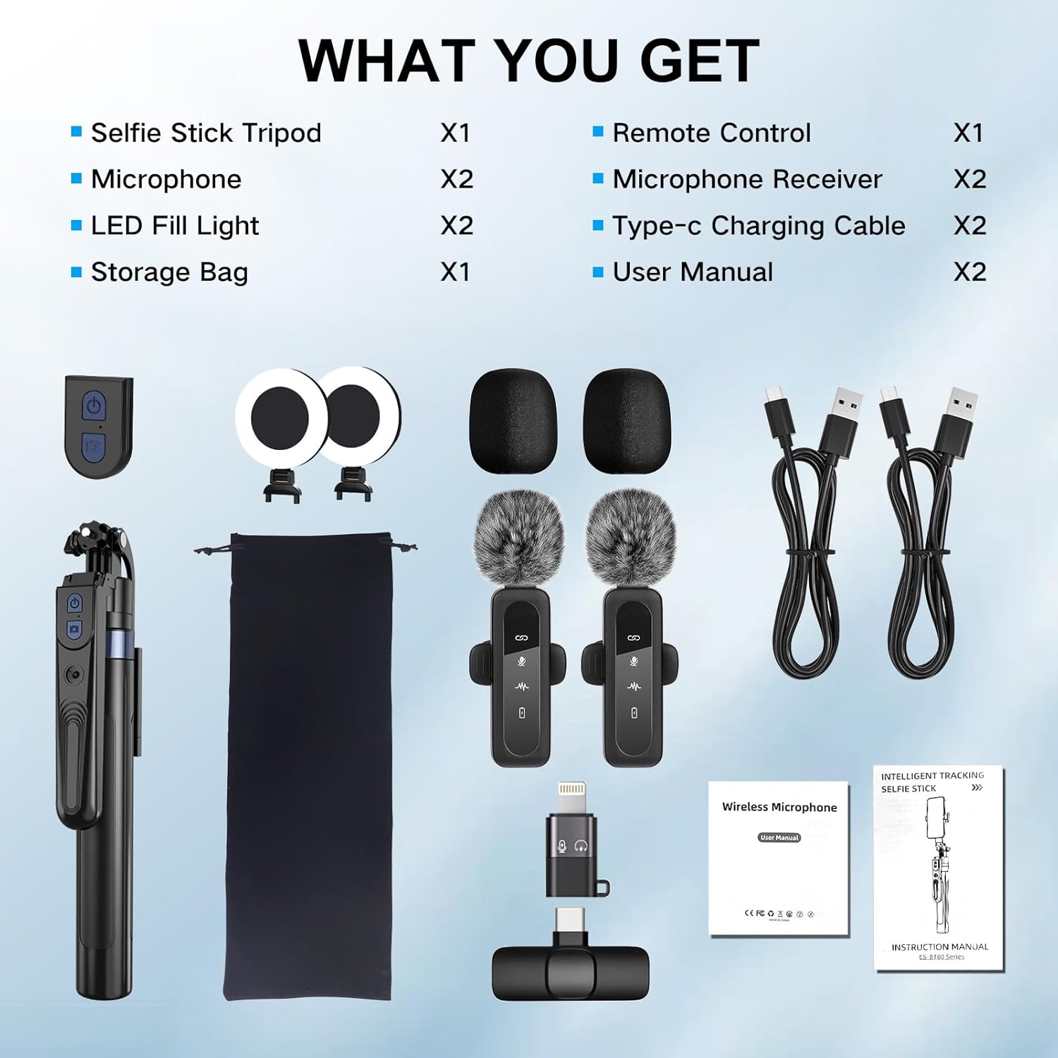 Content Creator Vlogging Kit for iPhone/Android,70-inch Auto Face Tracking Tripod for iPhone with Light and Wireless Microphones,TikTok/YouTube Starter Kit