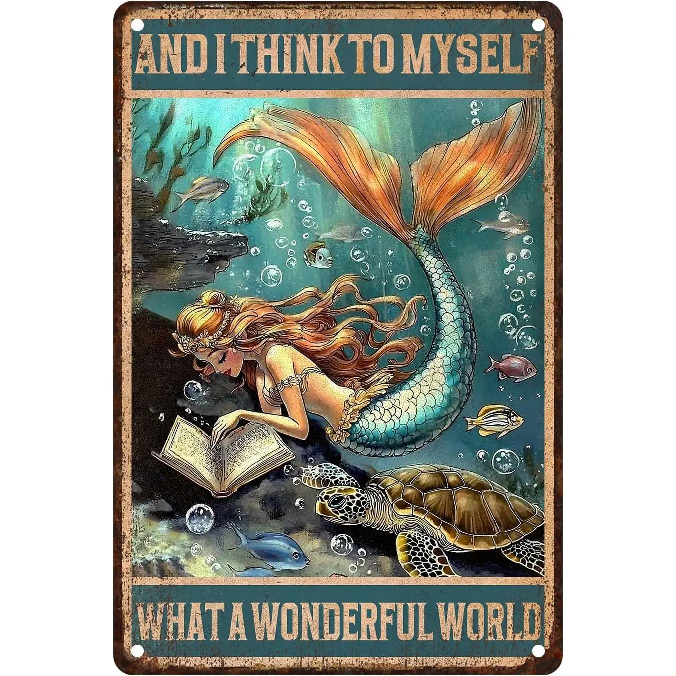 "Vintage Mermaid Underwater Metal Sign – 'What a Wonderful World’ Ocean Wall Art 12x8"