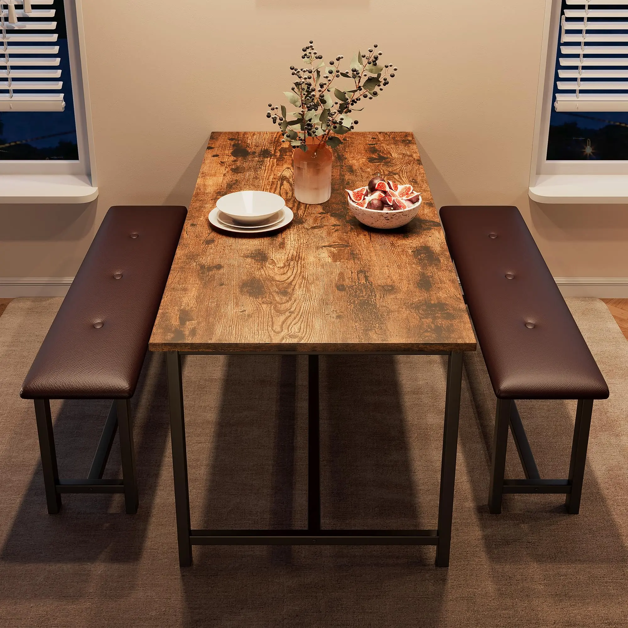 GARVEEDining Table Set for 4, Kitchen Table with 2 Upholstered Benches, Wood Kitchen Dining Room Set, for Small Space, Apartment, Home, Dinner, Retro Brown