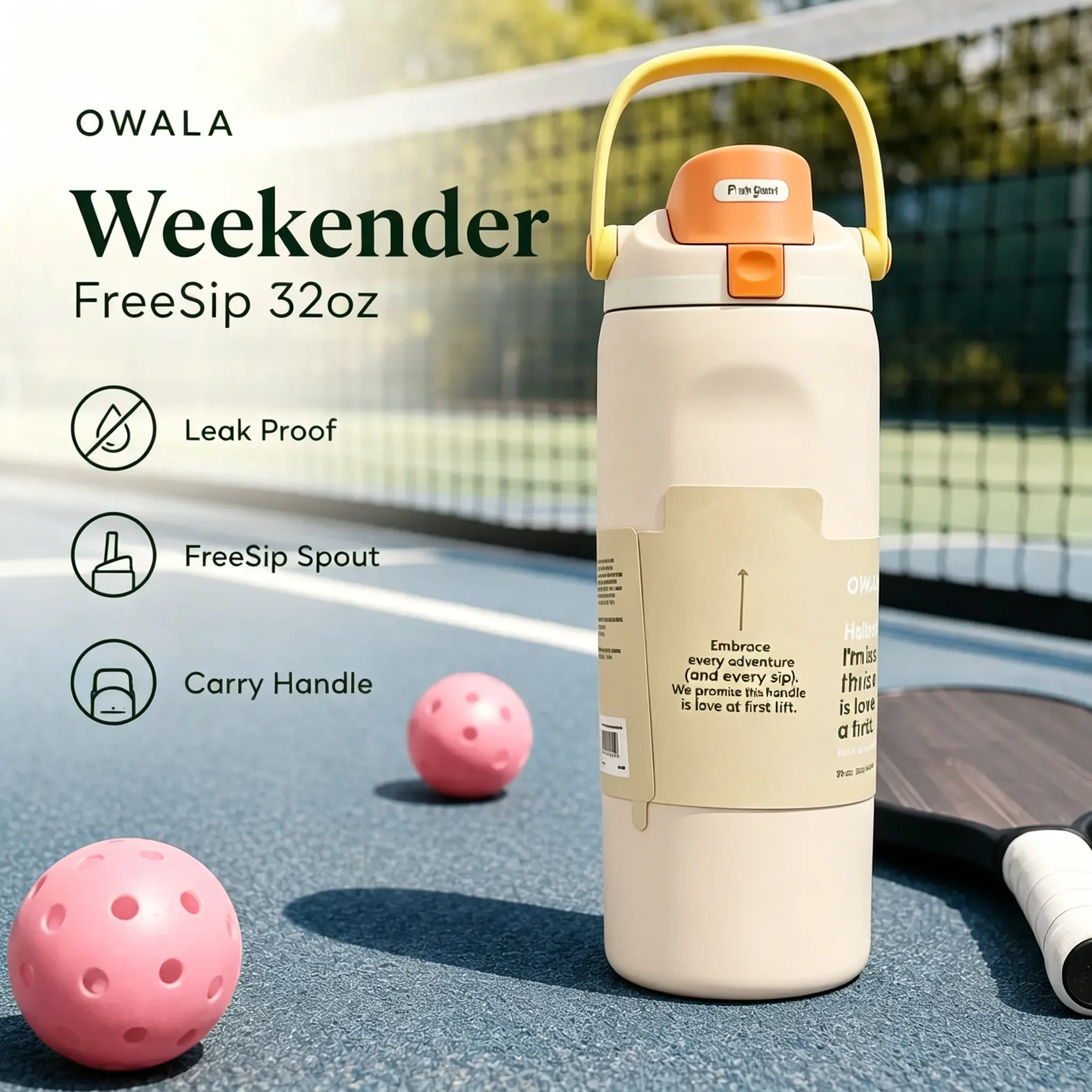 Owala Weekender 32oz Insulated Water Bottle Matte Cream Off White Solid FreeSip Spout Leakproof Stainless Steel Travel Cup With Yellow Carry Handle For Pickleball Tennis Sports Daily Use
