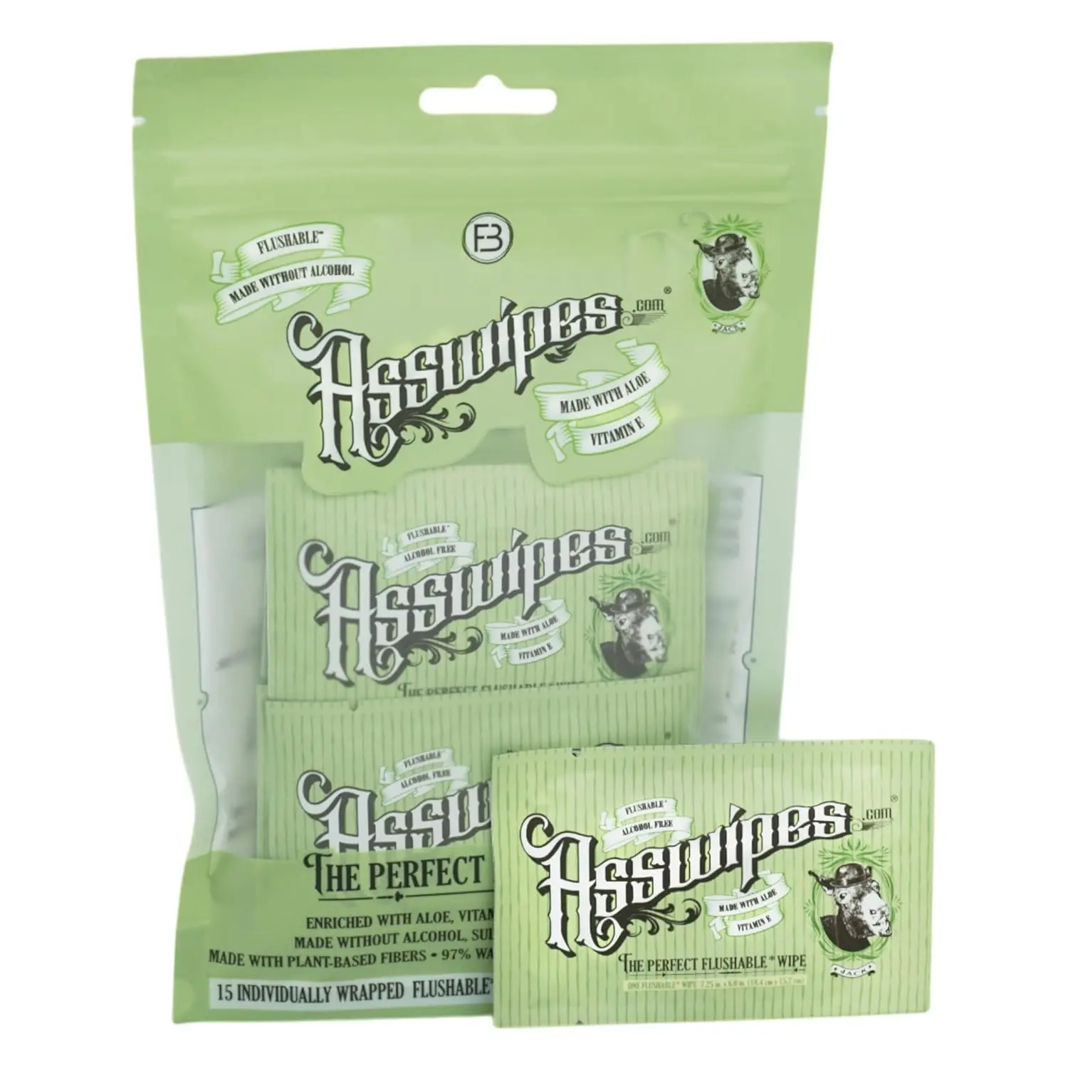 Asswipes Individually Wrapped Flushable Wipes for Adults 15 Count, Travel Flushable  Wipes - Extra-Large, -Free with Aloe and Vitamin E, No Added