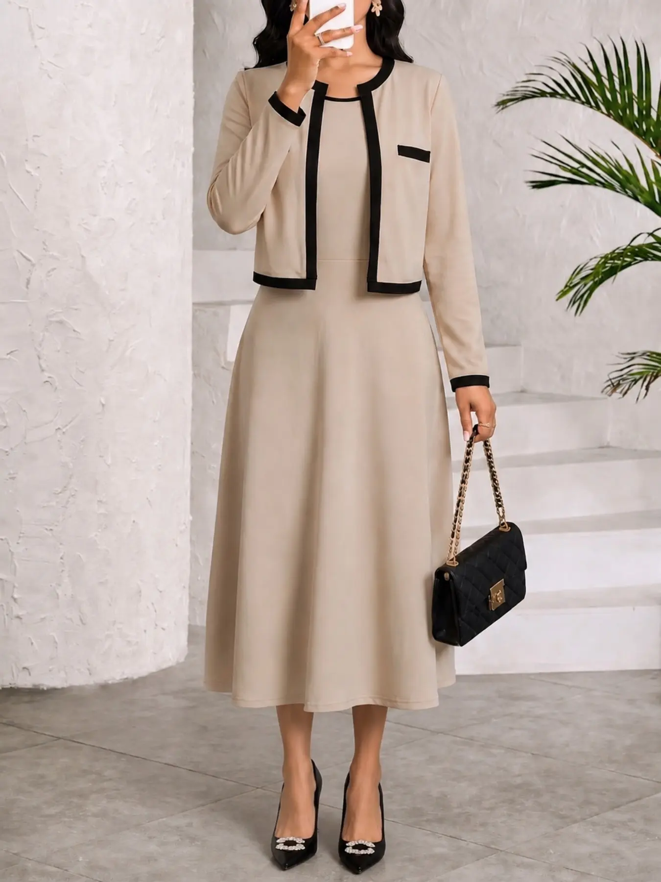 Women's Two Piece Outfit Contrast Trim Sleeveless Midi Dress with Cropped Long Sleeve Cardigan Open Front Short Jacket Elegant Round Neck A-line Tank Dress Set Casual Office Daily Wear Matching Outfits For Women