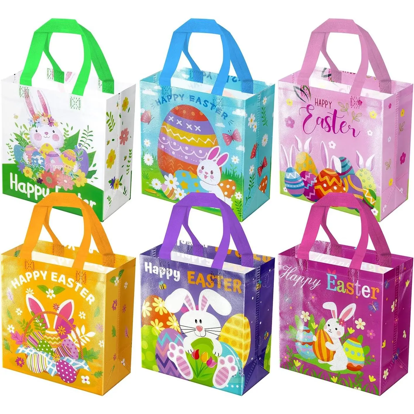 6 count Happy Easter  Bags, Non-woven Bags with Handle,  Goodie Bags for ,  Bags  Bunny  for Gifts Wrapping, Egg Hunt , Easter Party Supplies