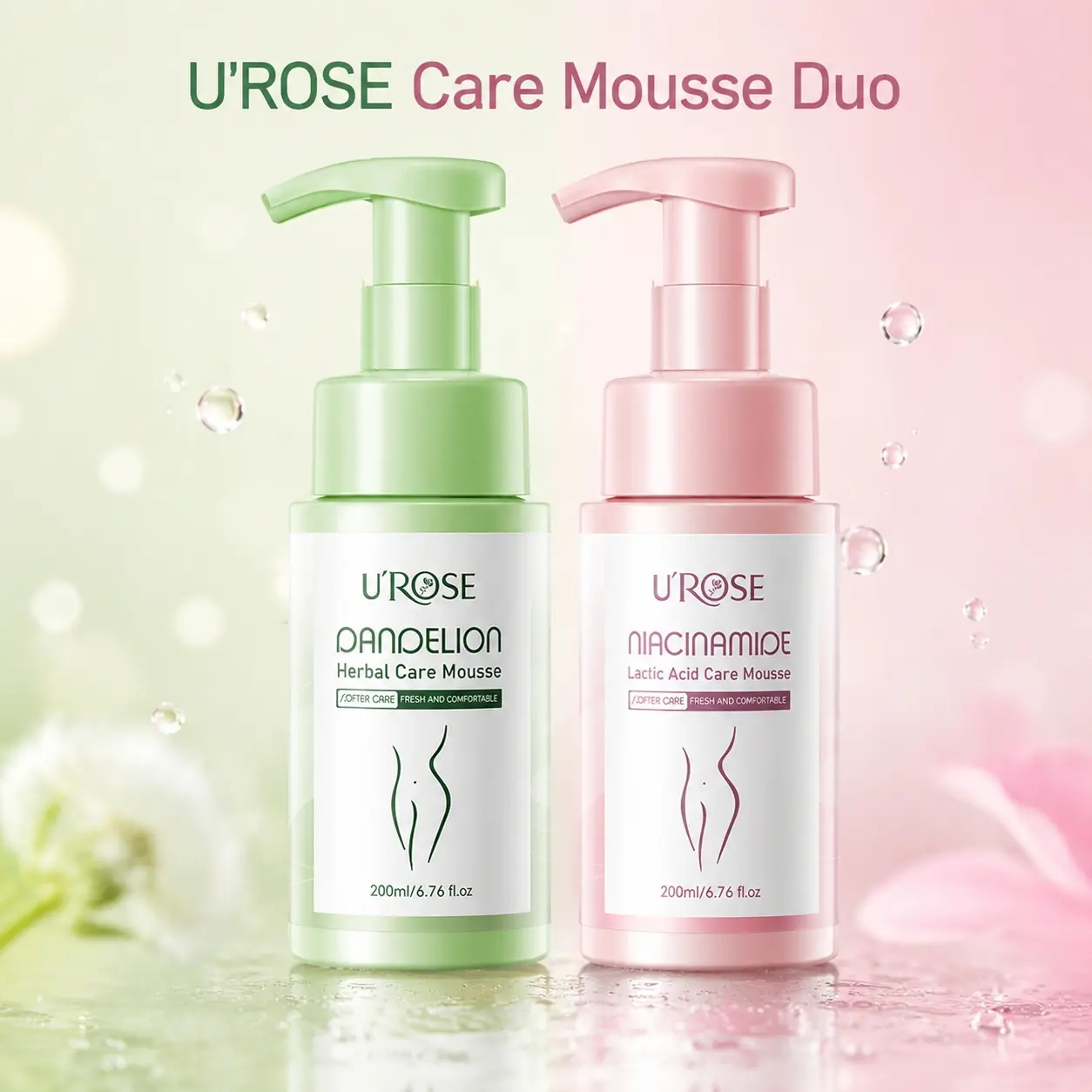 U'ROSE Niacinamide & Herbal Intimate Care Mousse Duo 200ml×2 Gentle Cleansing Moisturizing Cloud-Like Foam For Daily Personal Hygiene Care 2 Bottles Combo Set