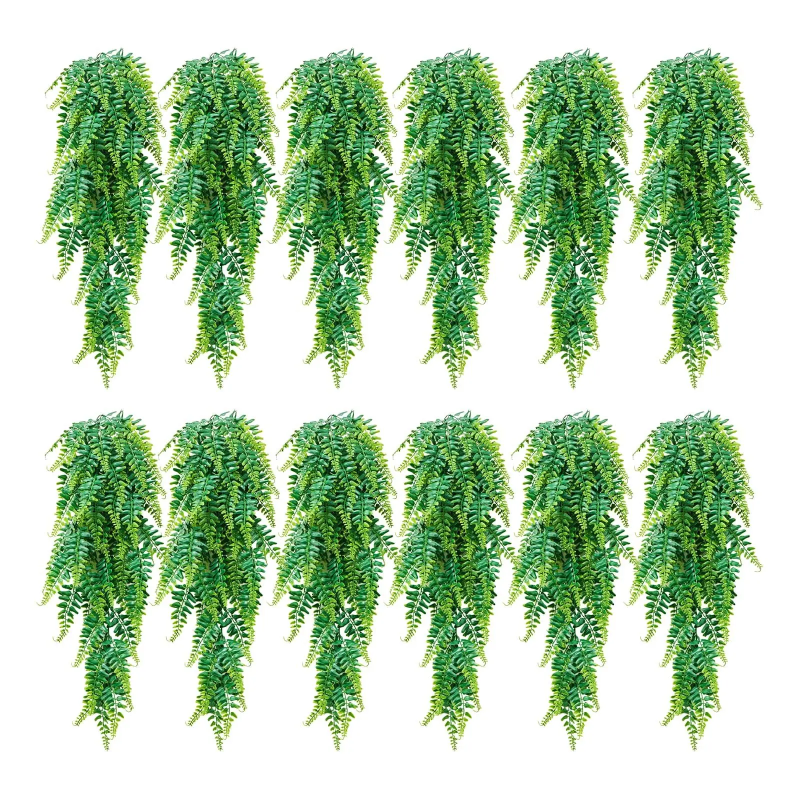 VEVOR 12 Pcs Artificial Boston Fern Bush Plants, 32-in Hanging Fake Greenery with Dense Layout & Realistic Look, Silk Fronds Plastic Faux Plants for Indoor/Outdoor Wall Home Decor (No Basket)