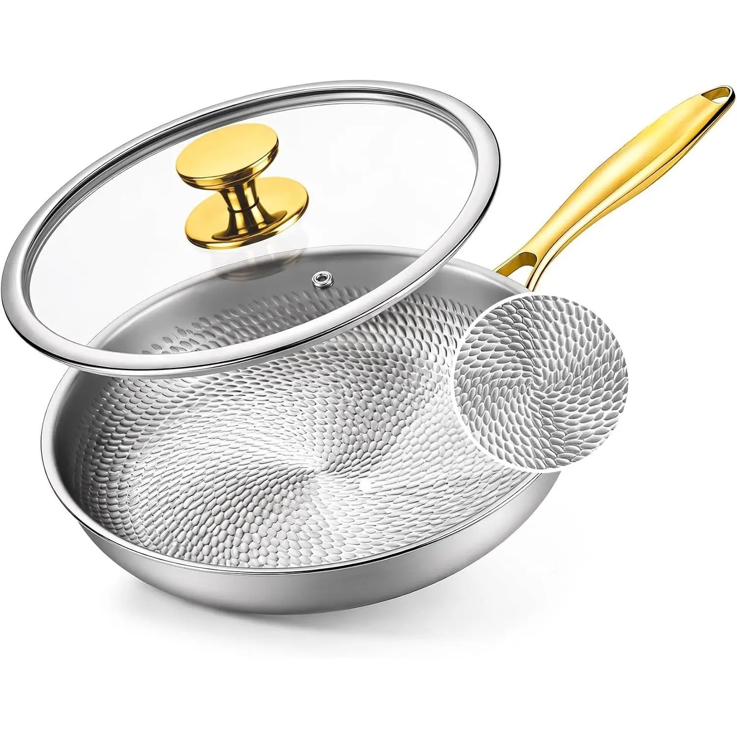 Titanium Pans for Cooking, 12" Titanium with Lid Hammered Frying Pan