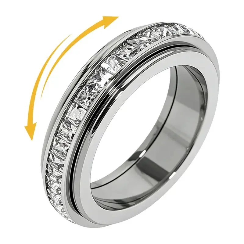 Anxiety Rings for Women and Men Titanium Steel Spinner Fidget Band Rings with Cubic Zirconia for Stress Relief and Wedding Promise Comfort Fit Size 5 to 12