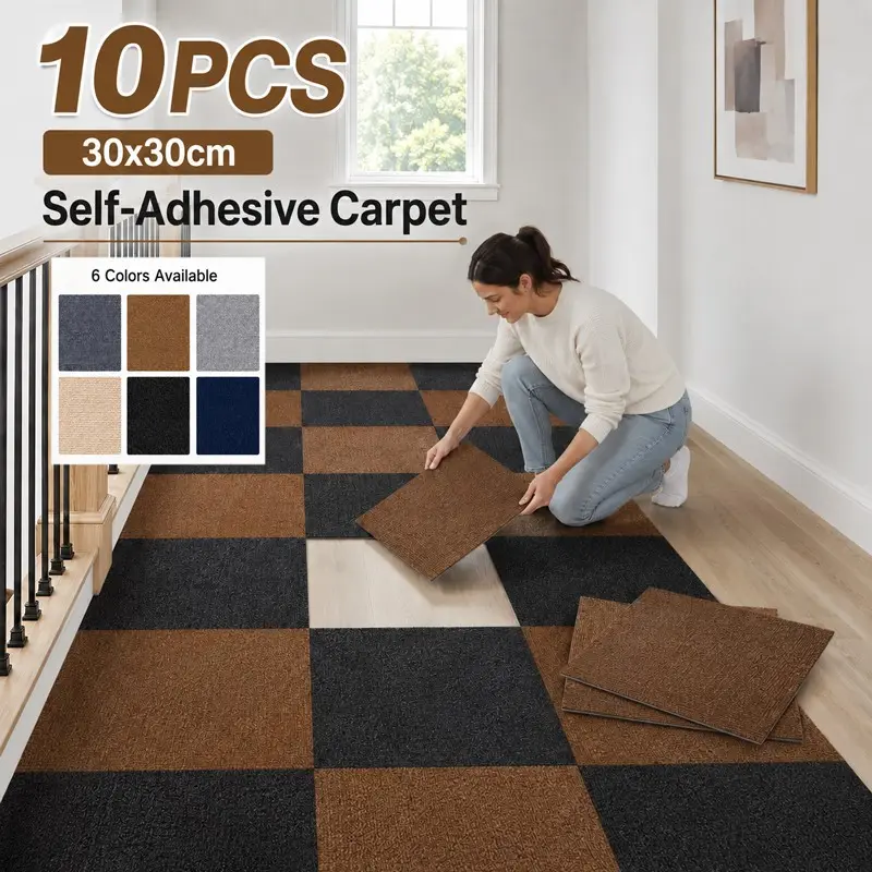 30 x 30 cm Self-Adhesive Carpet Tiles, 10/20 Pack Peel-and-Stick Low-Pile Floor Squares, 6 Colors, DIY Cuttable and Splicable for Bedroom, Living Room, Office and Hallway