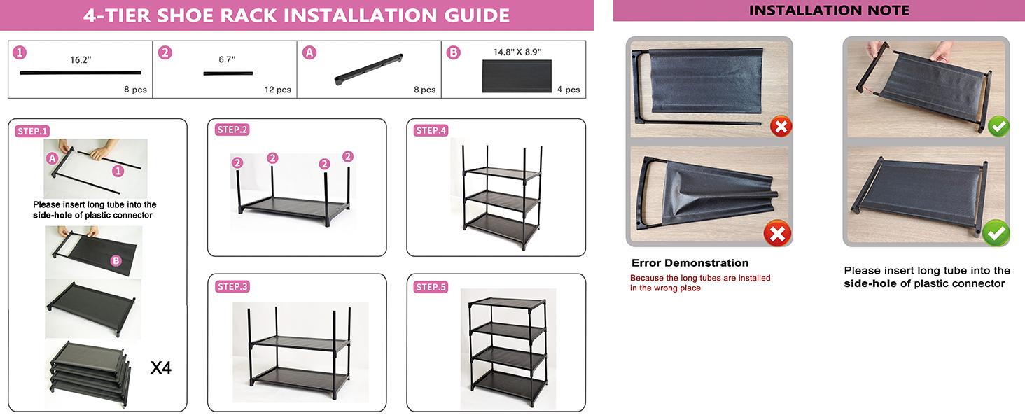 4 Tier Small Shoe Rack, Narrow Stackable Kids Toddler Adult Shoe Storage Organizer Shelf for Closet Floor Entryway Bedroom, Space Saver Shoe Rack Organization Shelves