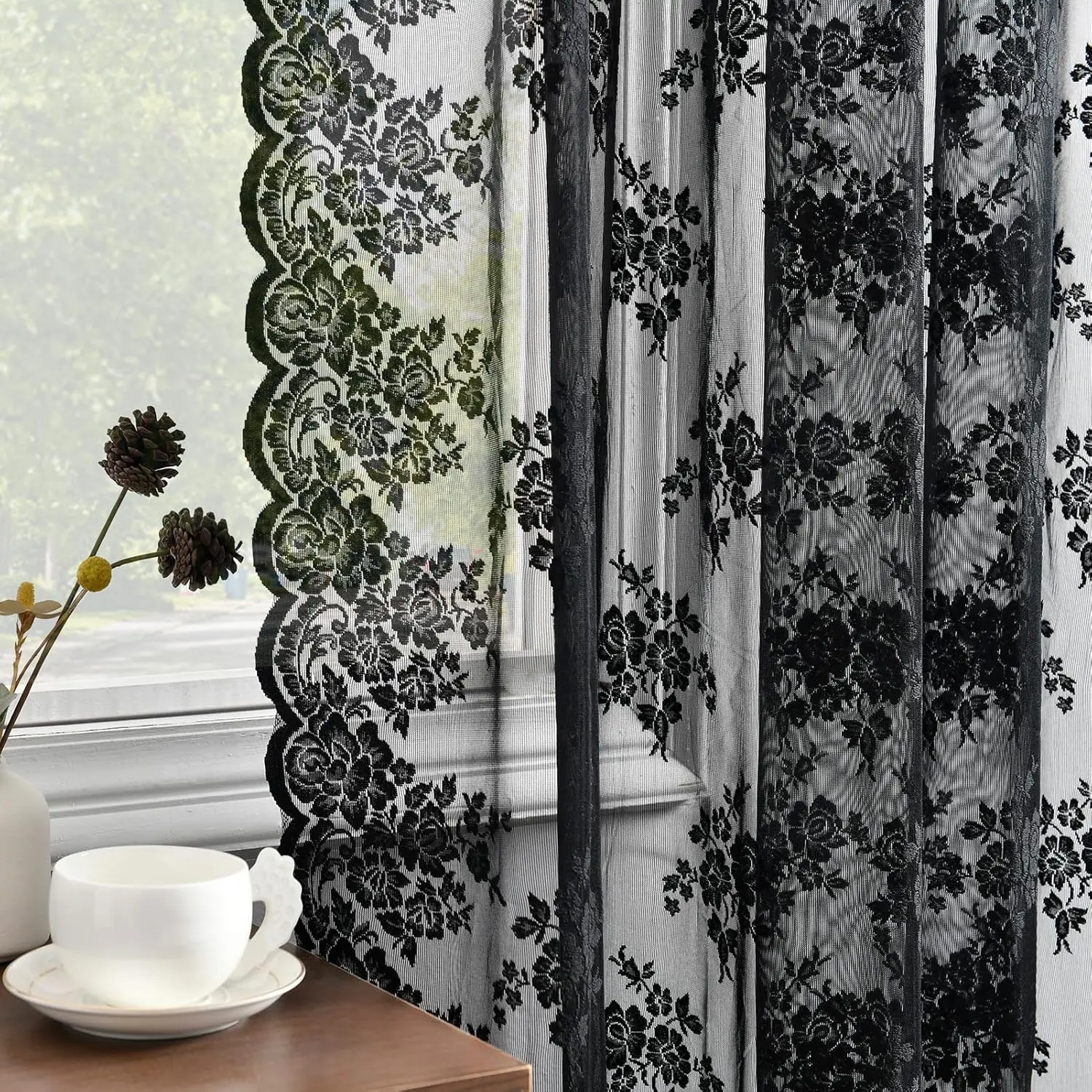 Black Lace Curtains 72 Inches Long 2 Panels, Rustic Floral Goth Sheer Curtains for Bedroom, Rod Vintage Privacy Sheer Lace Curtains, 42 x 72 Inch Each, 1 Pair, Black