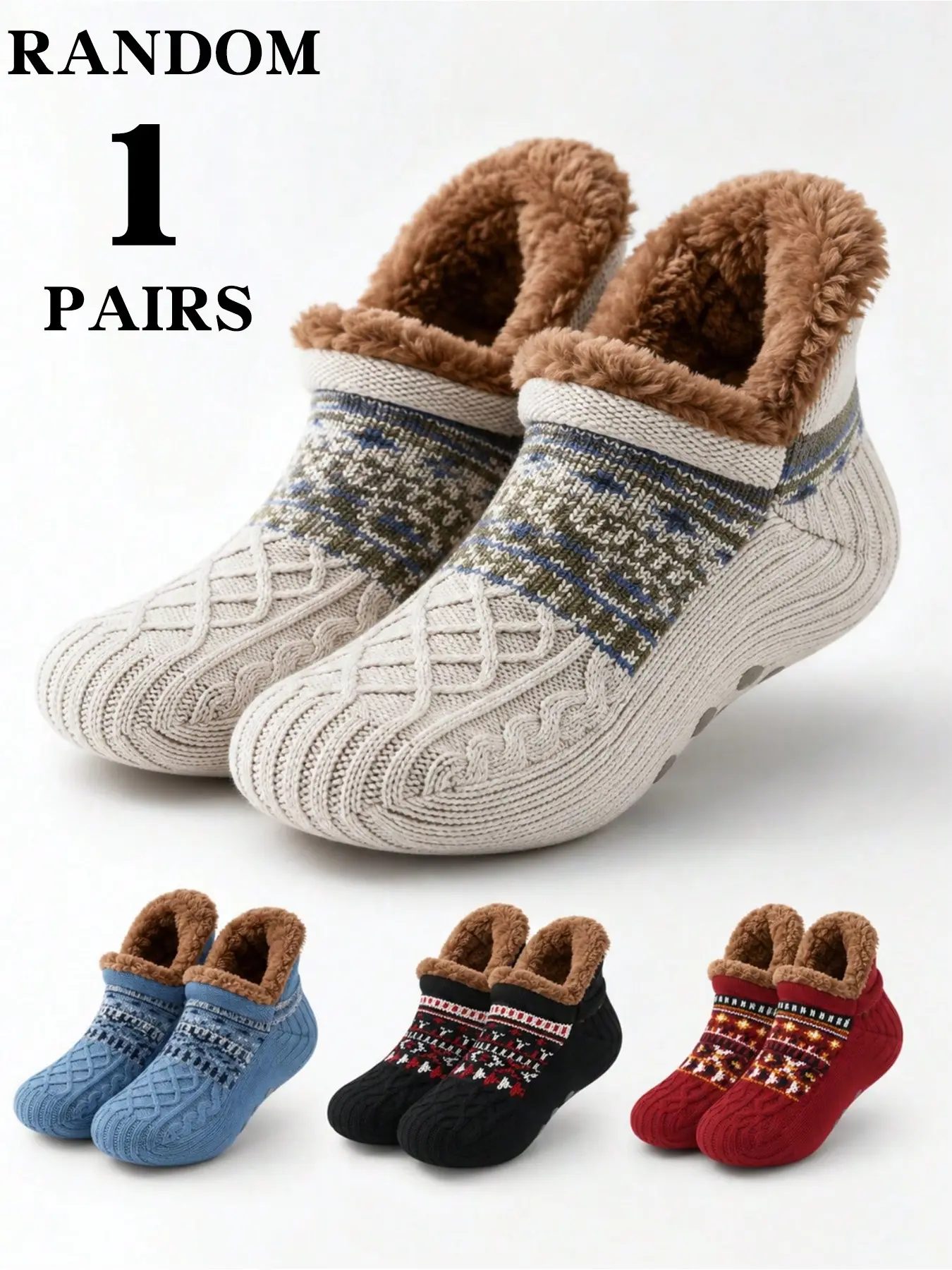 Random Pair of Nordic Fair Isle Jacquard Fleece Floor Socks, Cozy and Warm Footwear, Perfect for Indoor Use, Comfortable and Stylish