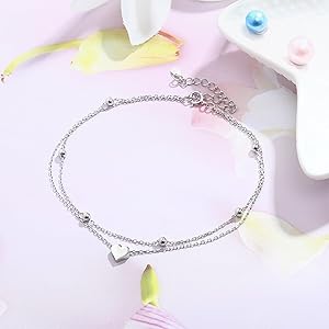 Trendy Summer 925 Sterling Silver Ankle Bracelets for Women Heart Butterfly Beaded Initial Anklet Layered Dainty Chain Adjustable Beach Foot Jewelry Summer Cute Beach Gift for Her