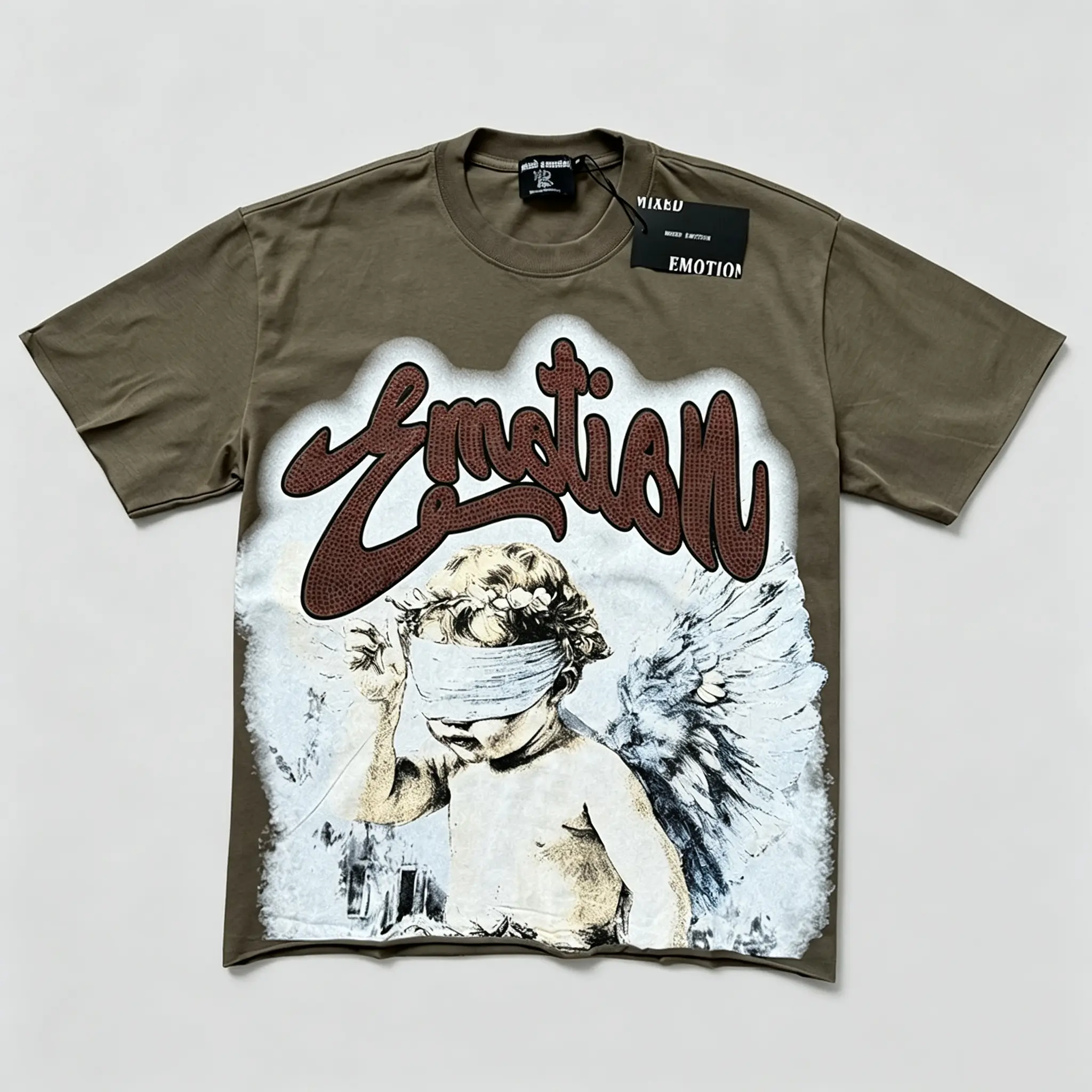 MIXED EMOTION Professional Certified Y2K Streetwear Blindfolded Cherub Graphic Vintage Khaki T-Shirt Rhinestone Text Mens Standard Fit
