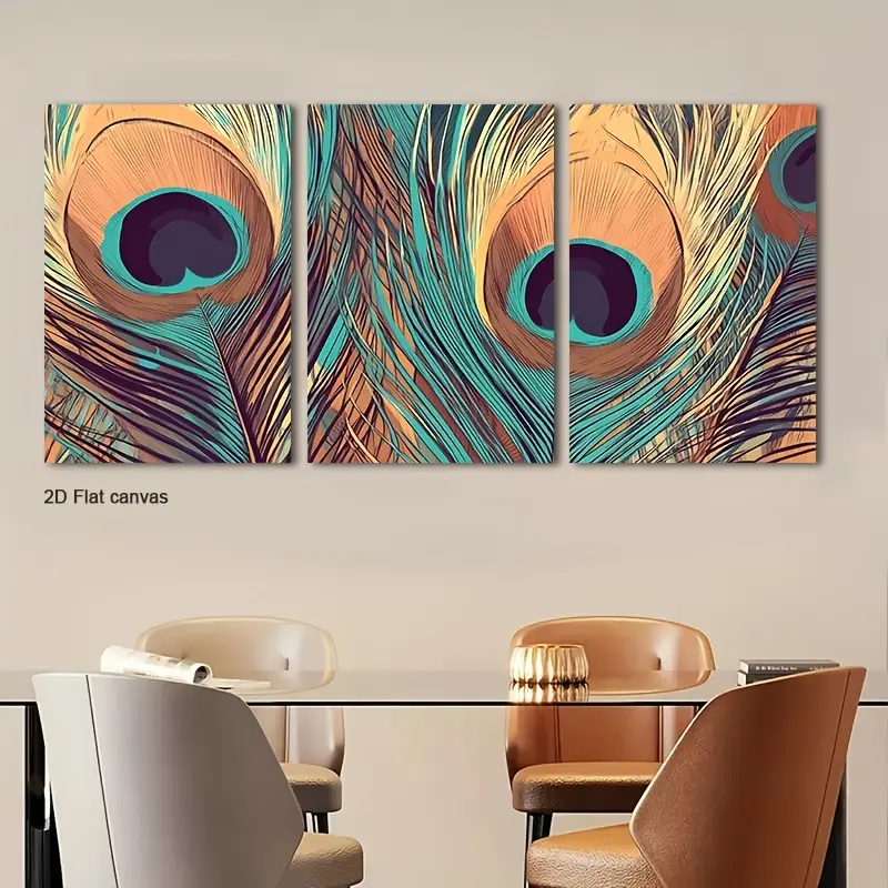 Three-piece peacock feather decorative painting with frame - Elegant peacock feather pattern in neutral tones, framed canvas painting ready to hang, suitable for bedroom and office decoration - Perfect holiday gift (with frame), 2D flat design, ideal room