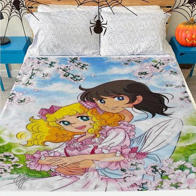 Anime Candy Pattern Flannel Throw Blanket, All-Season Comfort Wrap for Sofa, Office, Travel - Digital Print Glam Style, Ideal Christmas Birthday Gift for Friends