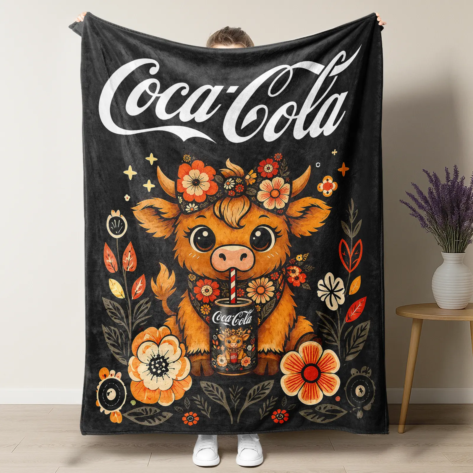 Black Vintage Floral Coca-Cola Flannel Blanket,Retro Dark Cottagecore Soda Lover Home Decor,Soft Blanket Gift For Cat & Highland Cow Fans