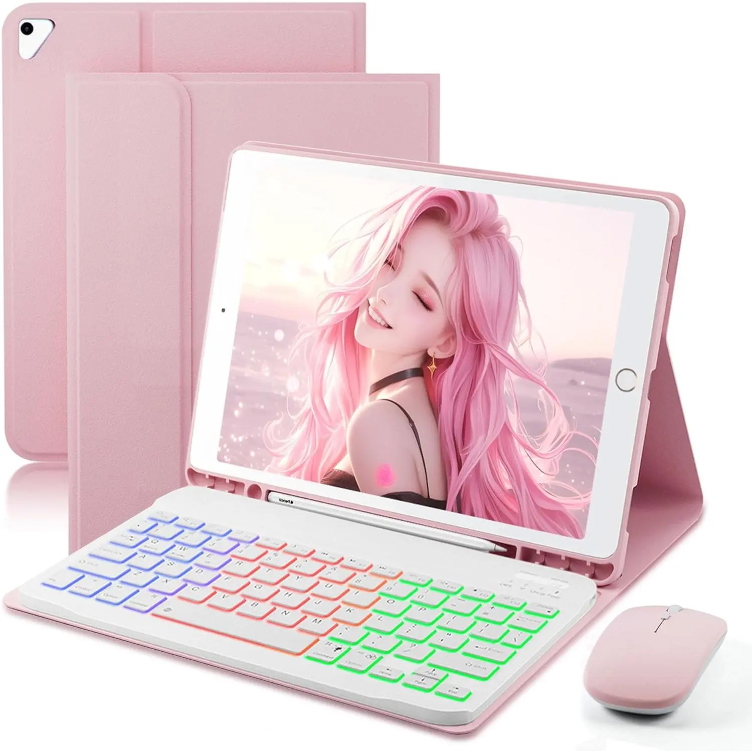 Keyboard Case for iPad 9.7 inch 6th, 5th Generation/Pro 9.7 / Air 2 / Air 1-7 Color Rainbow Change Backlit  Keyboard  in Pencil Holder with  -