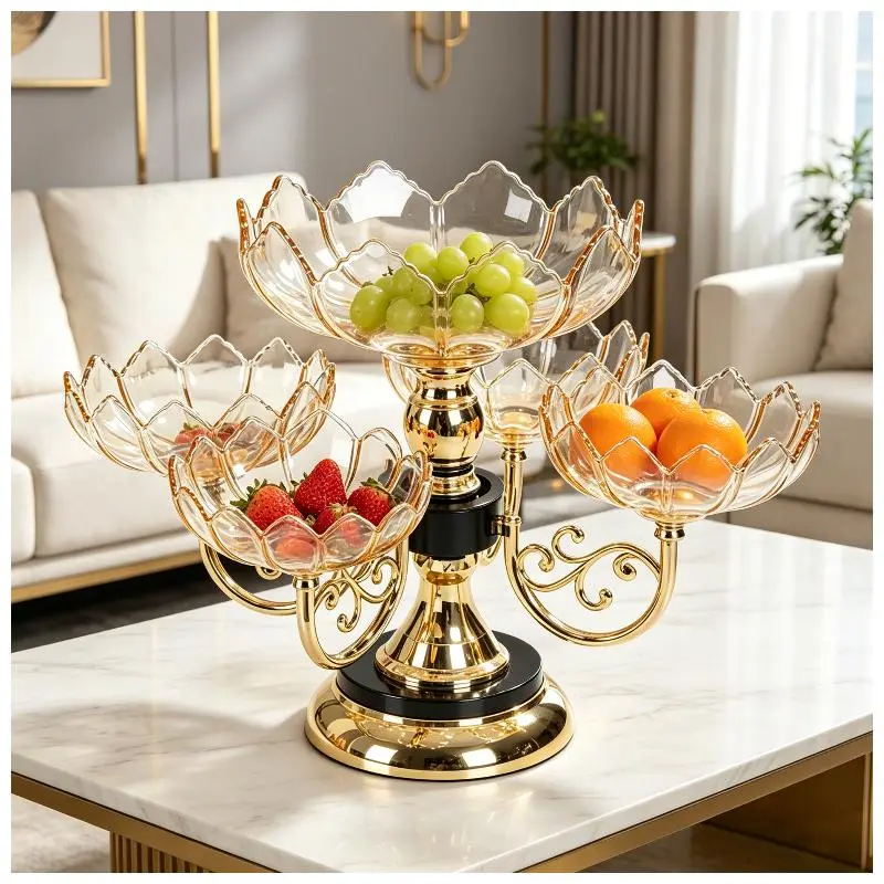 2 Tier Rotatable Fruit Tray, European Luxury Clear Acrylic Serving Platter, Shatter Resistant Multi Compartment Snack Fruit Bowl for Living Room, Home Party Decor