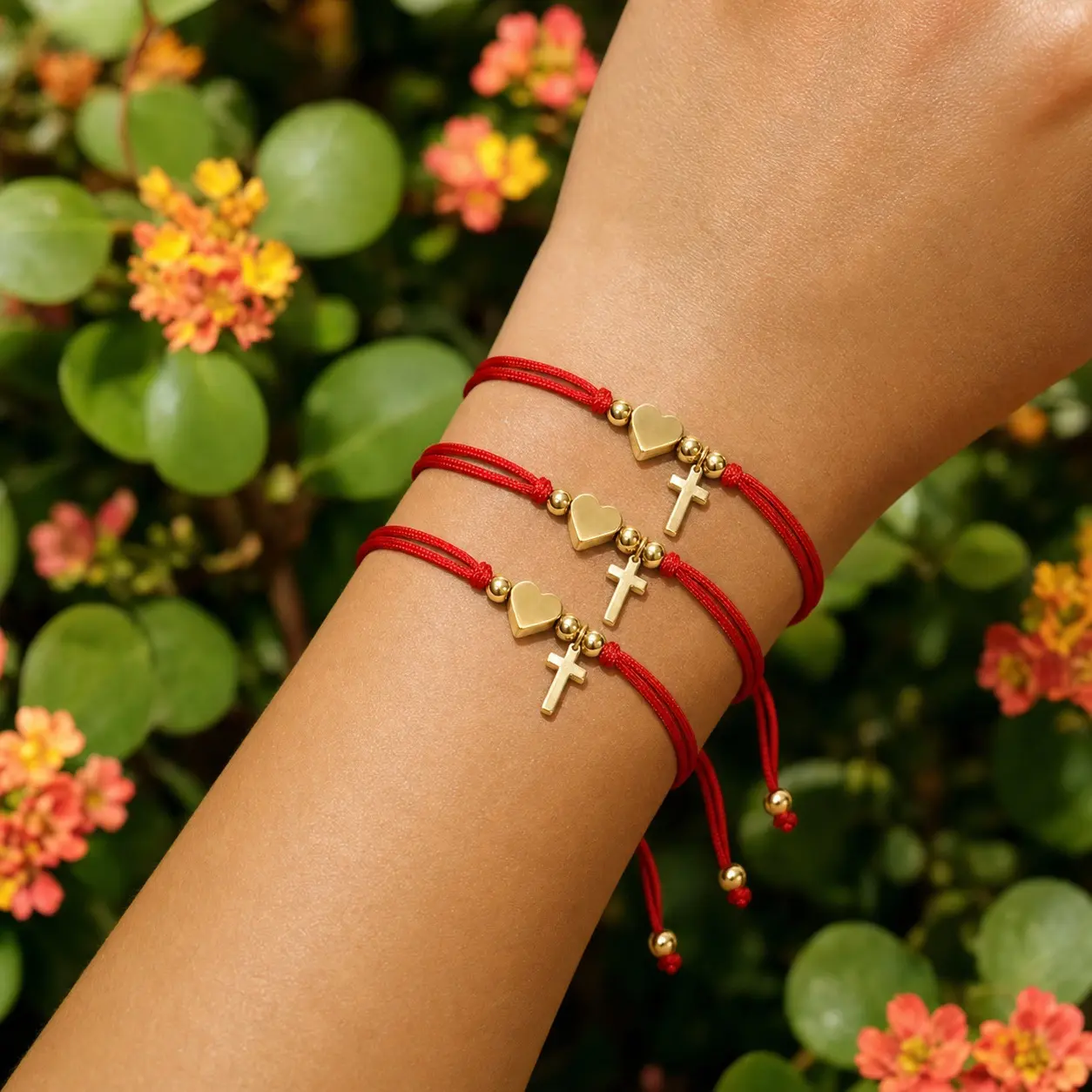 3Pcs Red String Bracelet Set for Women Gold Plated Cross Heart Charms Handmade Protection Rope Bracelet Stackable Lucky Faith Jewelry Gift for Girls