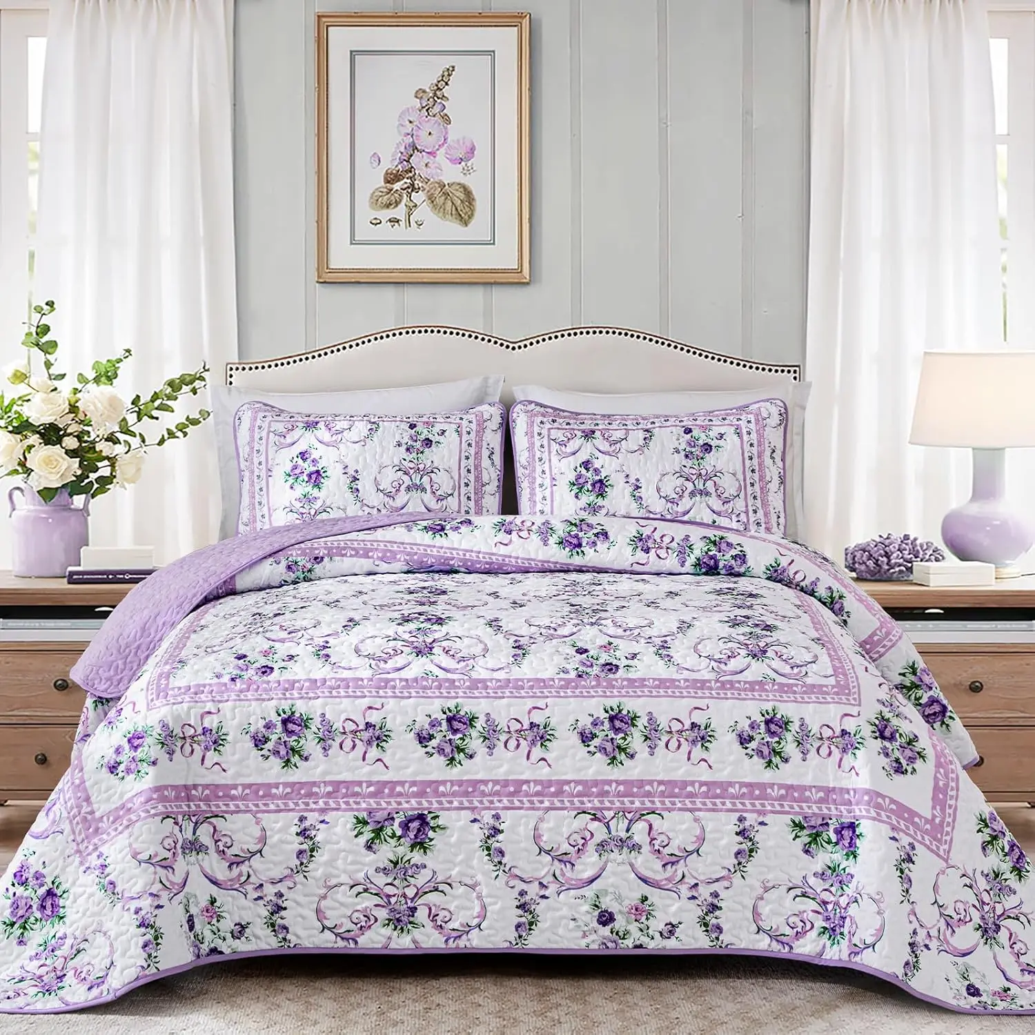 Purple Set King Size, 3 Pieces Floral Pattern Bedspread with 2 Pillowcases, Soft Microfiber Lightweight Retro Bed Cover for All Season(King, 104"x90")