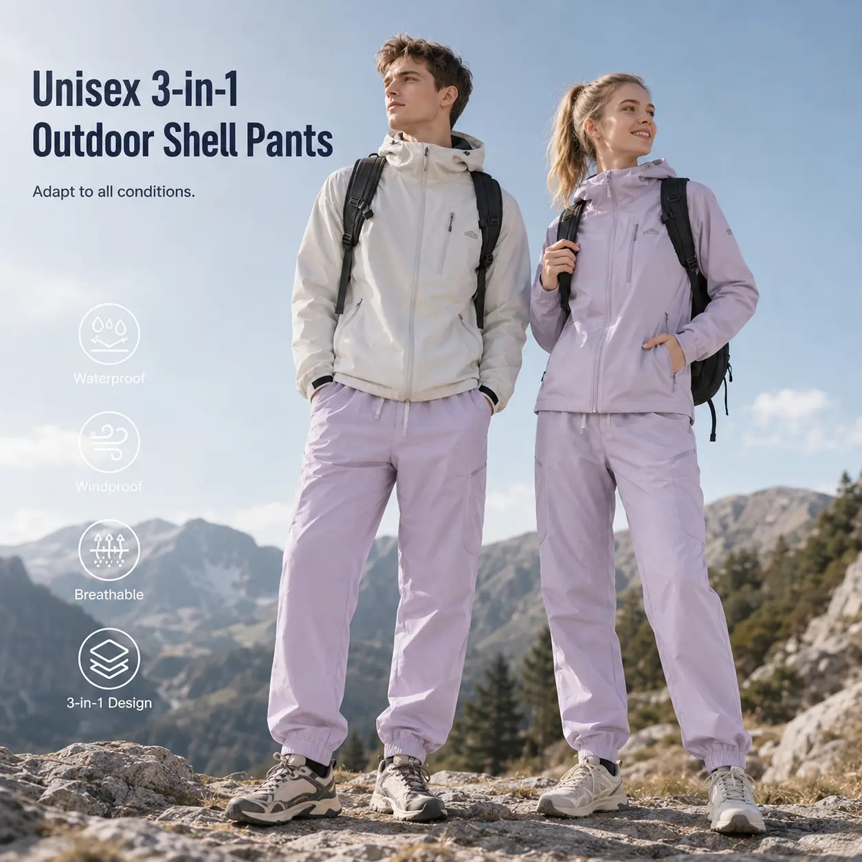 Unisex 3-in-1 Outdoor Hiking Pants Men Women Waterproof Windproof Breathable Shell Pants with Fleece Liner Lightweight Warm Convertible Trail Pants Elastic Waist Zip Pockets for Hiking Camping Travel Trekking Cold Weather Fall Winter Lavender Outdoor