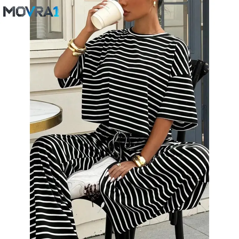 MOVRA1 Women's Knitted Striped Casual Loose Short Sleeve T-Shirt and Pants Set, Comfortable Two-Piece Daily Wear